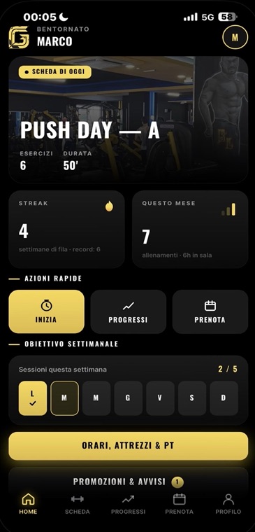 Schermata home dell'app G-Exclusive Gym